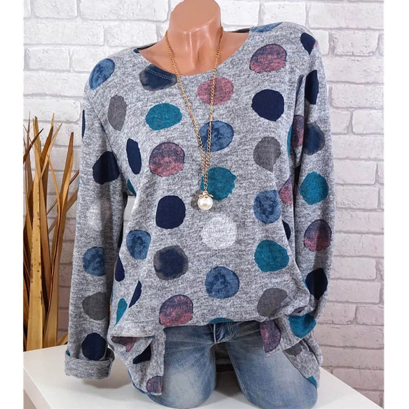 

Plus Size S-5XL Streetwear Lady O-Neck Polka Dot Print Loose Pullovers Long Sleeve Tee 2019 Spring Casual Women T-shirt Top