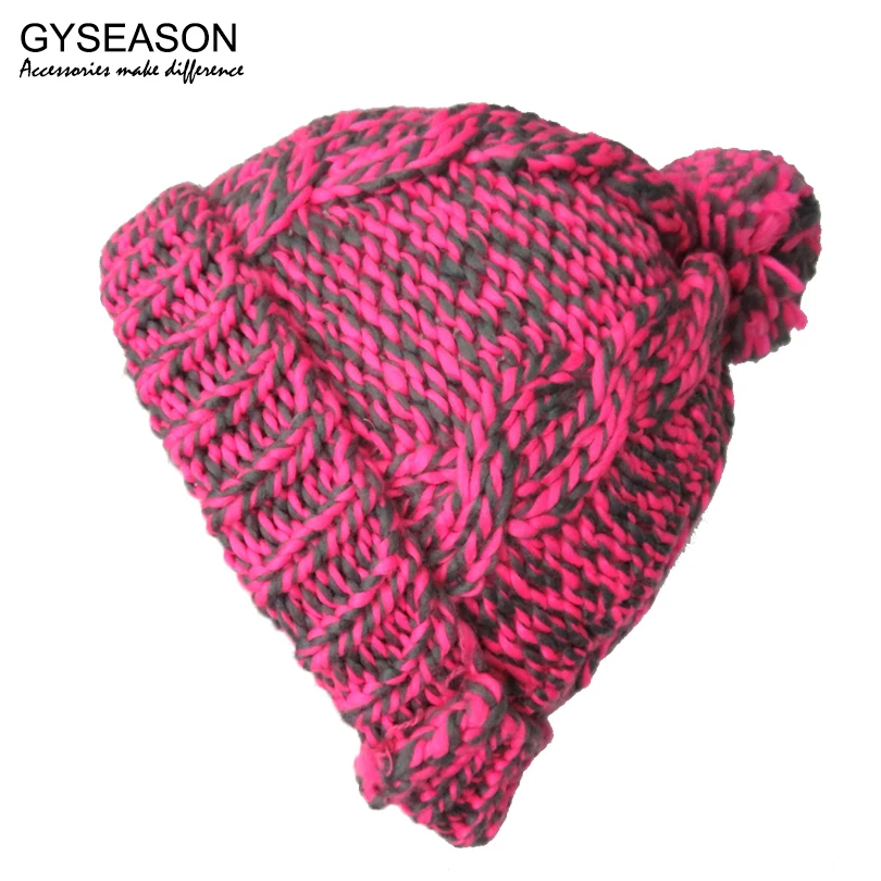 Шапка-бини с помпоном, зимняя женская шапка, вязаная, теплая, розовая, красная, модная, шапка с помпоном для девочек, женская, большая, вязаная шапка