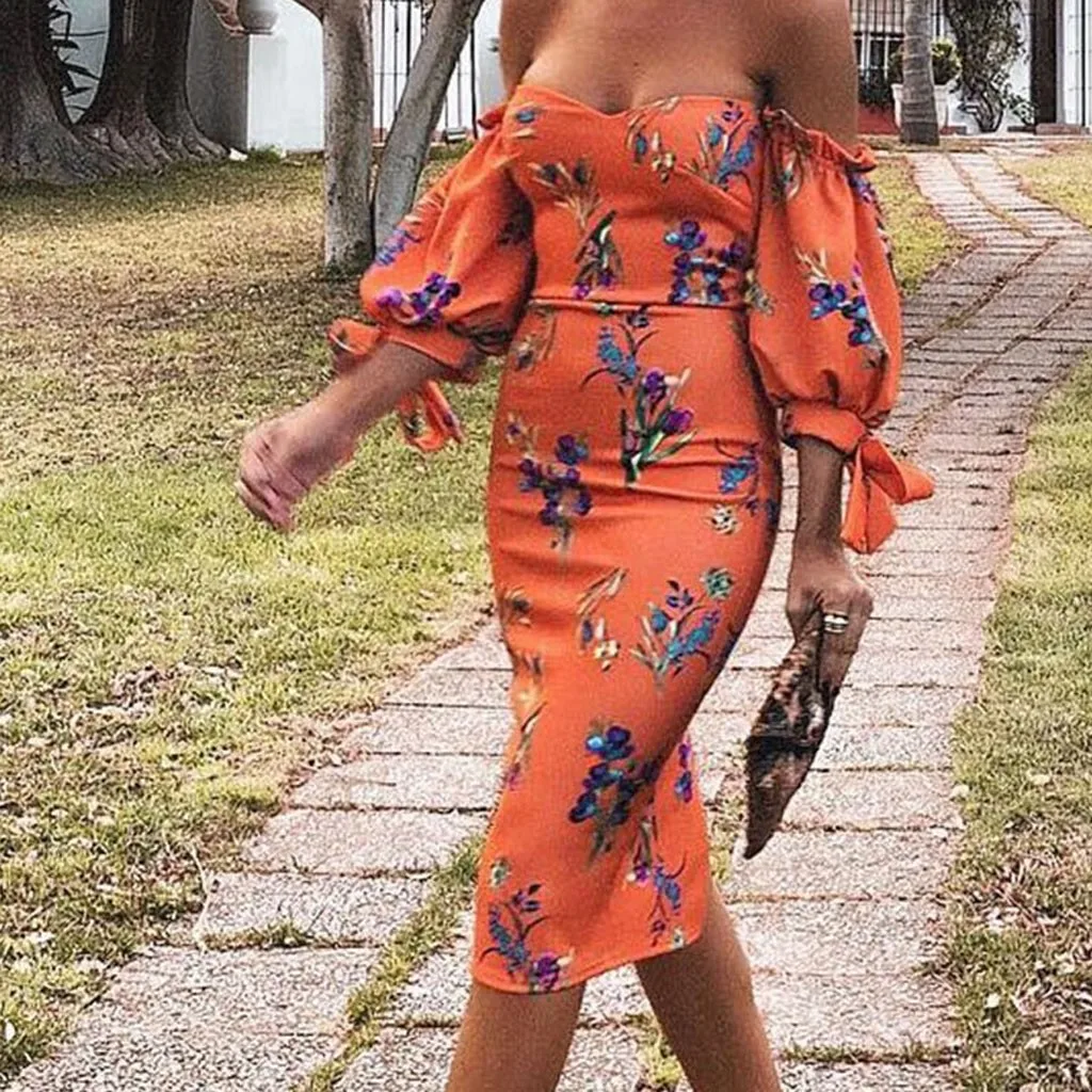 

Fashion Women Sexy summer dresses Fork Opening Strapless Off Shoulder Ruffles Half Sleeve Bohemian Dress Printing Tight Dress
