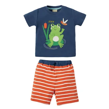 

Cotton navy frog applique boutique boys outfits summer hot sell high quality set