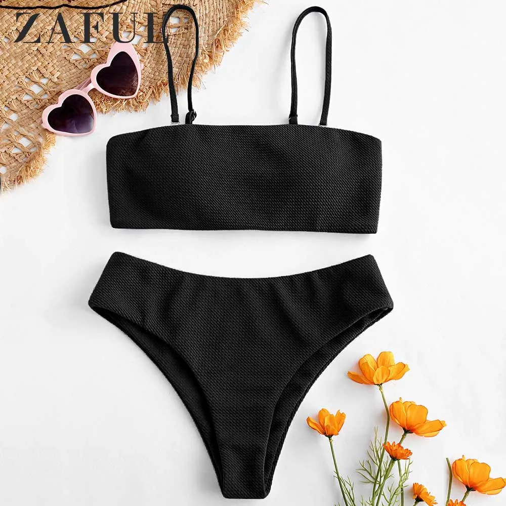ZAFUL Bikini Textured Padded Bandeau Set Solid Classic Women Swimsuit Wire Free Spaghetti Straps Push Up Swimwear 2019 | Женская одежда