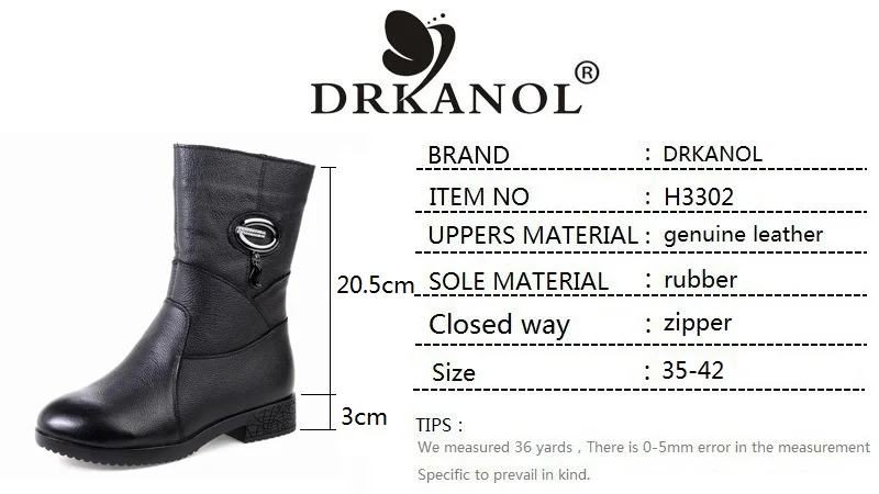 DRKANOL Women Winter Boots Genuine Leather Zipper Square Heel Thick Plush Warm Snow Boots Women Low Heel Mid Calf Boots