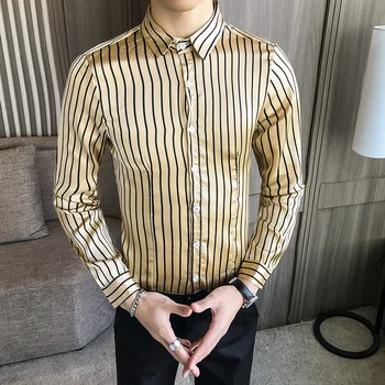 

Striped Shirt Men Khaki White Long Sleeve Dress Slim Fit Tuxedo Clothing Plus Size M-5XL Night Club Social Casual Shirts Male