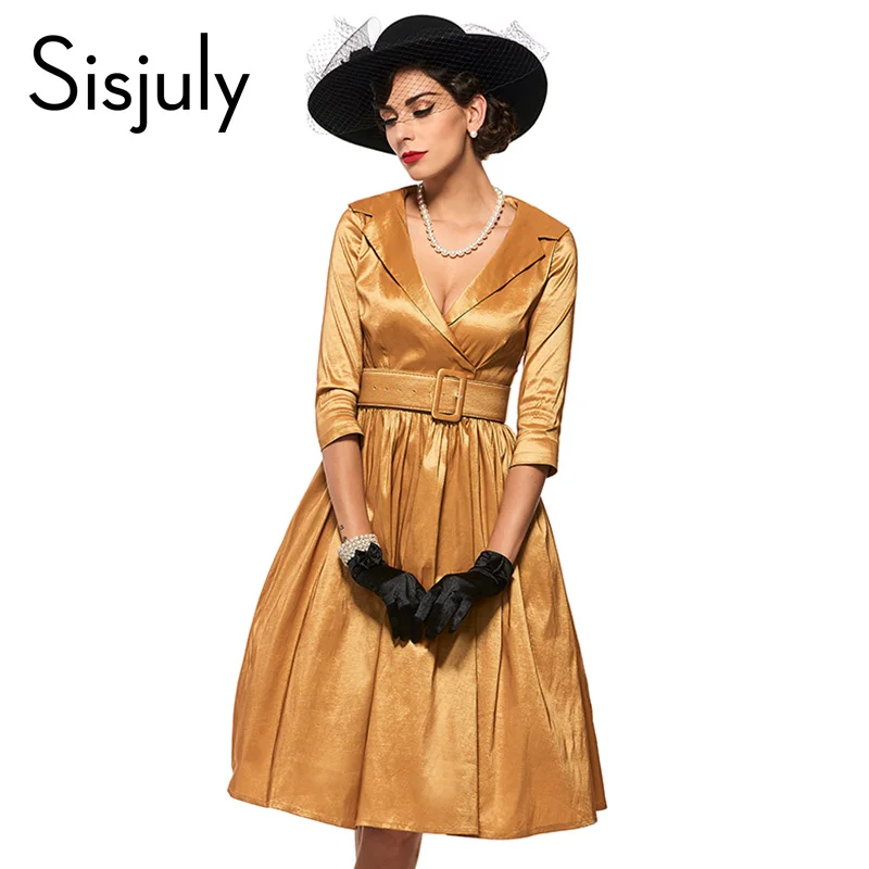 Bridess Vintage Women Golden A Line Dress Spring Fall Little Party 1950s Dress