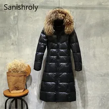 Sanishroly новое зимнее женское пальто с капюшоном и большим меховым воротником, утепленная куртка-пуховик на белом утином пуху, Женская Длинная Верхняя одежда размера плюс S412