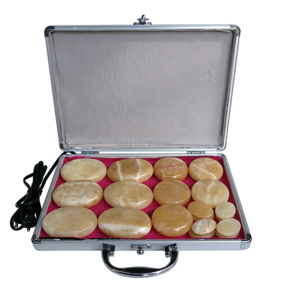 

New type! yellow Jade 19pcs/set Hot stone body massager Salon SPA with heater box Stone Massage Rocks CE and ROHS
