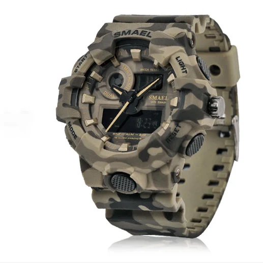 Новые камуфляжные часы с ремешком SMAEL Мужские Цифровые часы с большим циферблатом модные камуфляжные военные часы 8001 мужские армейские часы водонепроницаемые часы