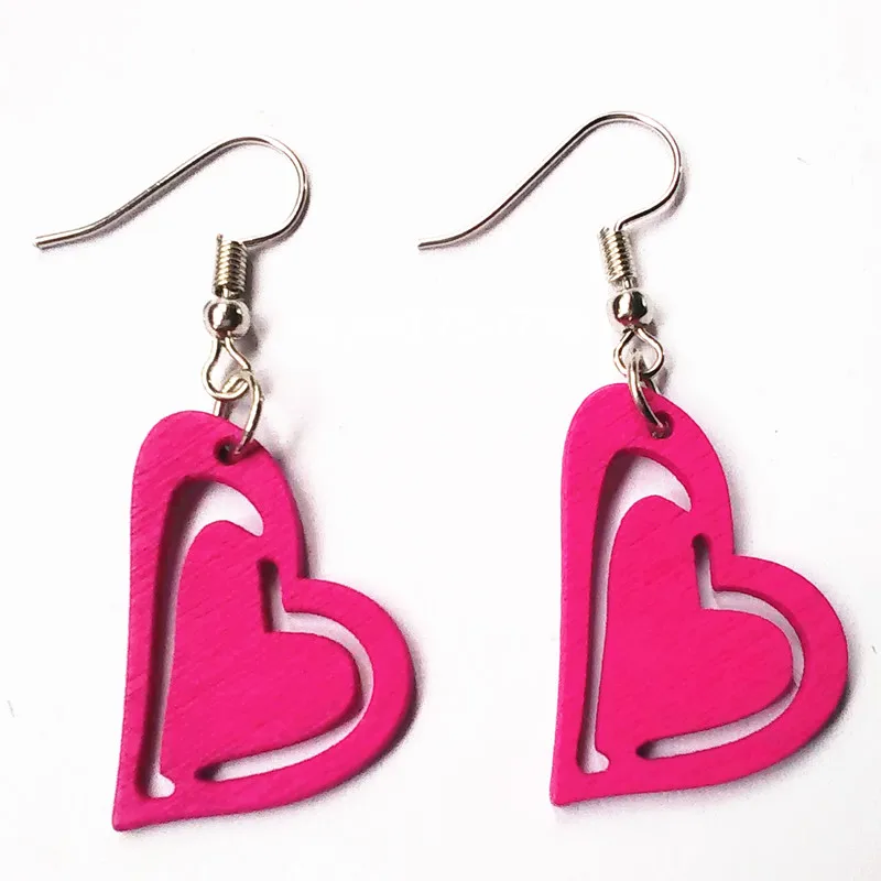 2016 Colorful Carving wood Heart font b Earrings b font Handmade Red Green Blue Orange font
