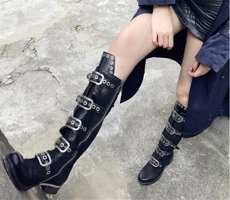 Best Jady Rose Punk Style Black Women Knee High Boots Genuine Leather Belt Straps High Boots Female Platform Rubber Flat Riding Boot 8