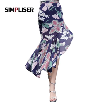 

SIMPLISR 2018 Chiffon Mermaid Ruffles Skirt Women High Waist Floral Prints Beach Fishtail Skirts Elegant Chiffon Mullet Skirts