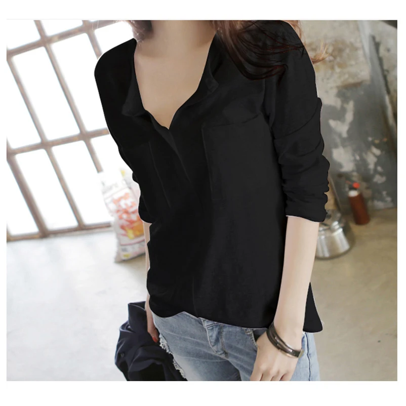 

Plus Size Rayon Slub Shirt White Black Tee Spring Autumn Shirt Women Casual Long Sleeve Tops Solid Pocket Loose Top MT2787