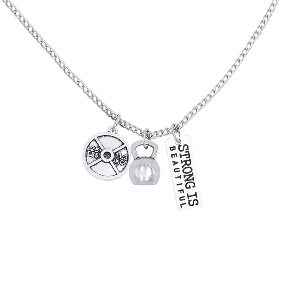 

DOUBLE NOSE Antique Silver Plated Gym Weight Plate Kettle Bells Strong Is Beautiful Custom Name Tag Stamped Necklace Wholesale