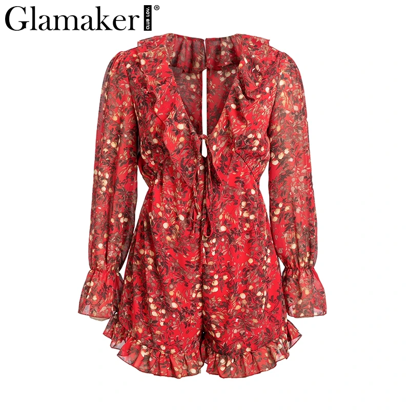 Glamaker Chiffon v neck sexy jumpsuit romper Women overalls playsuit long lantern sleeve jumpsuit Female party club red jumpsuit