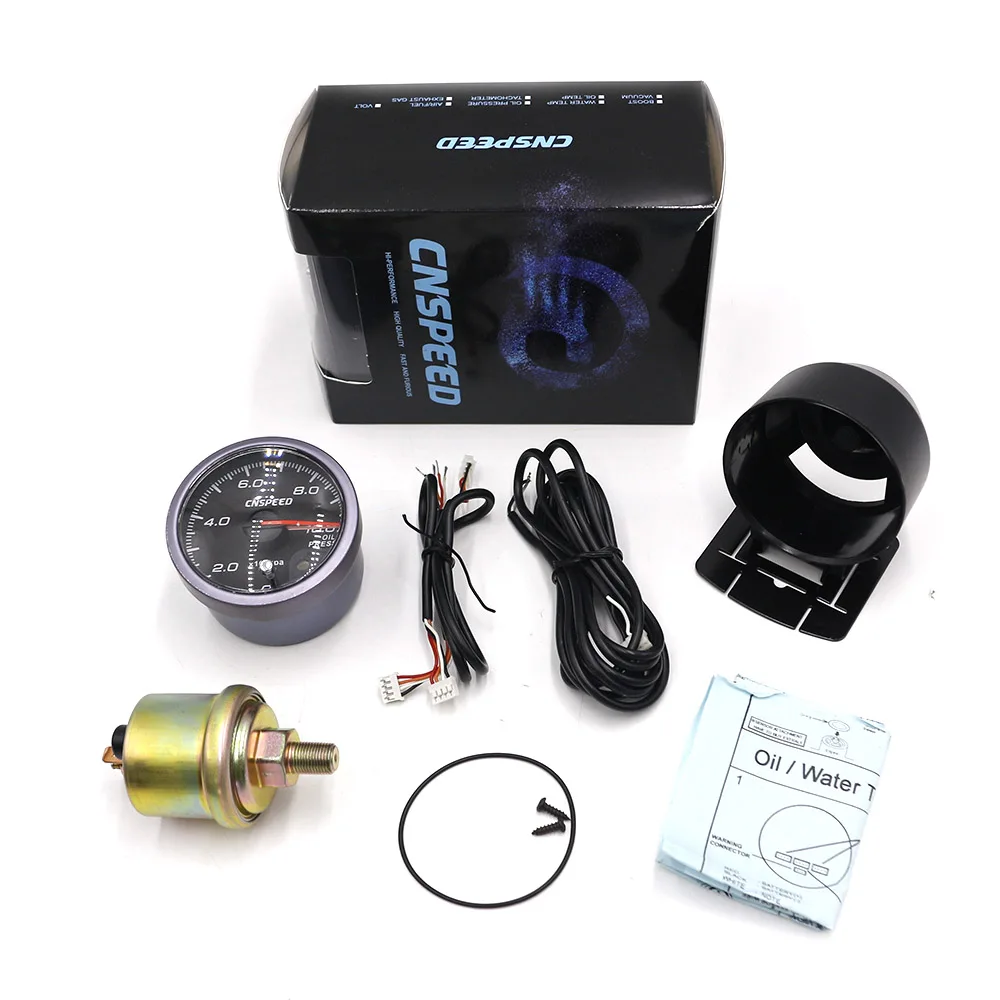 

CNSPEED 60MM Car Oil Pressure Gauges 0-10 BAR Oil Pressure Sensor With Sensor Black Face White/Amber Light Car meter YC101415