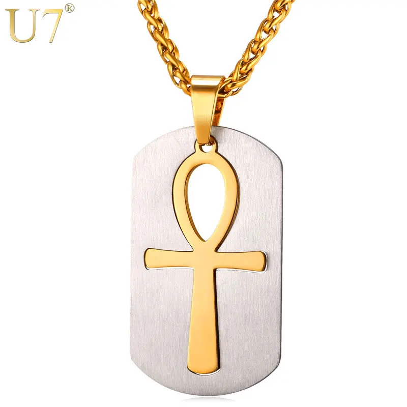 U7 Ankh Key To Life Egypt Cross Pendants &amp Necklaces Stainless Steel Black/Gold Color Dog Tag Jewelry Gifts For Men Chain P1067 |
