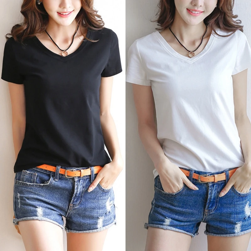 

Womens Milk Fiber Basic T-Shirt Summer Short Sleeve V-Neck Tops Solid Color Slim