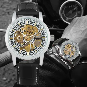 

Men's Wristwatch Automatic-self-winding Mechanical Watch Silver Hollow Out Dial Genuine Leather Strap Relogio Masculino