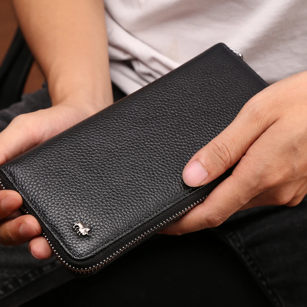 BISON DENIM Brand Genuine Leather Wallet RFID Blocking Clutch Bag Wallet Card Holder Coin Purse Zipper Male Long Wallets N8195