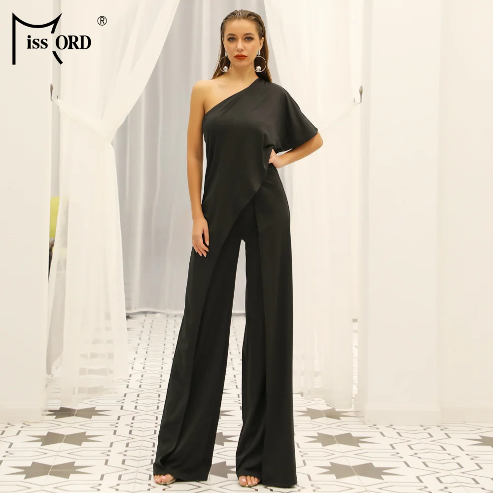 One Shoulder Summer Jumpsuit 2018 Solid Ladies Wide Leg