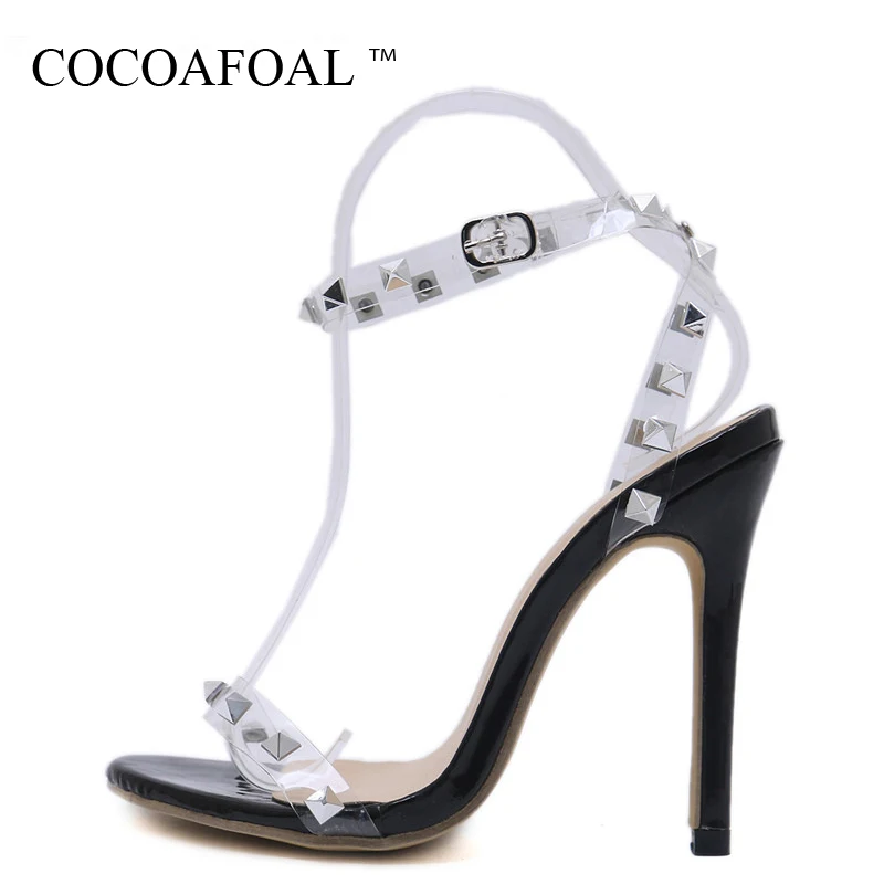 

COCOAFOAL Women Transparent Rivet Sandals White 12 CM Fetish High Heels Pole Dance Shoes Sexy Peep Toe Summer Transparent Pumps