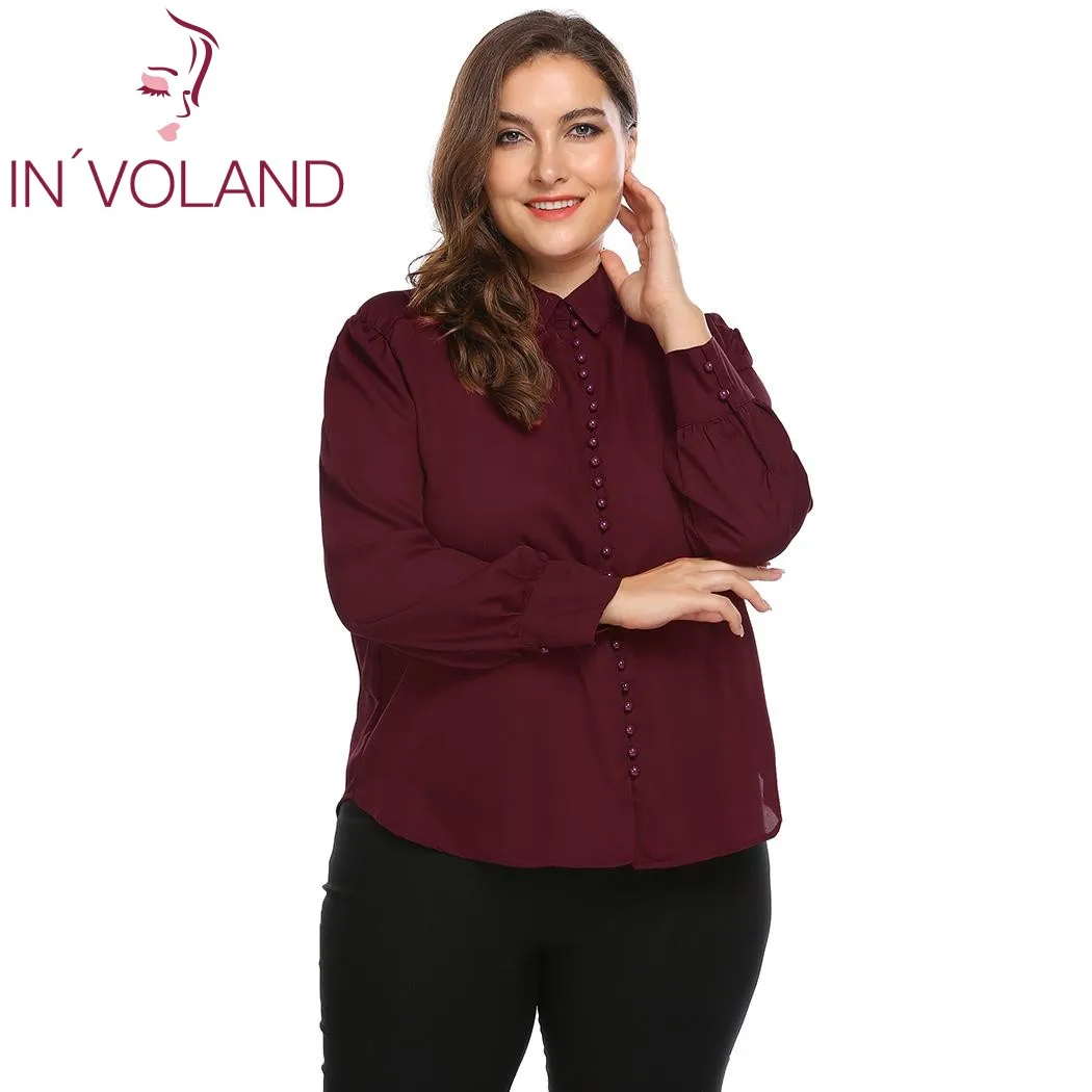 

IN'VOLAND Plus Size XL-4XL Women Blouse Blusas Tops Spring Autumn Loose Curved Hem Button Down Large Shirt Pullovers Big Size