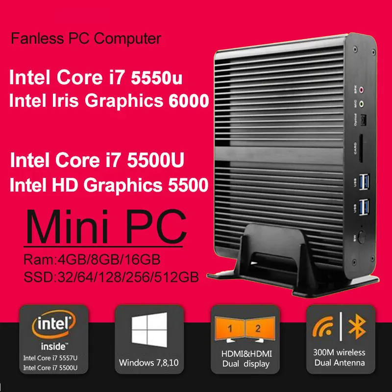 Fanless mini computer core i7 5550u intel HD 6000 Micro PC 4K HTPC ...
