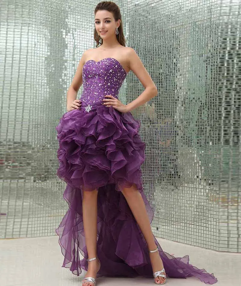 2017 Discount Purple Organza High Low Ruffles Short Beading