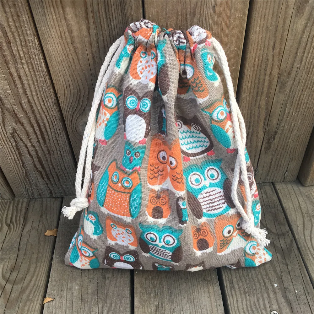 

YILE 1pc Cotton Drawstring Pouch Party Gift Bag Print Colorful Owls Khaki Base YL81029c