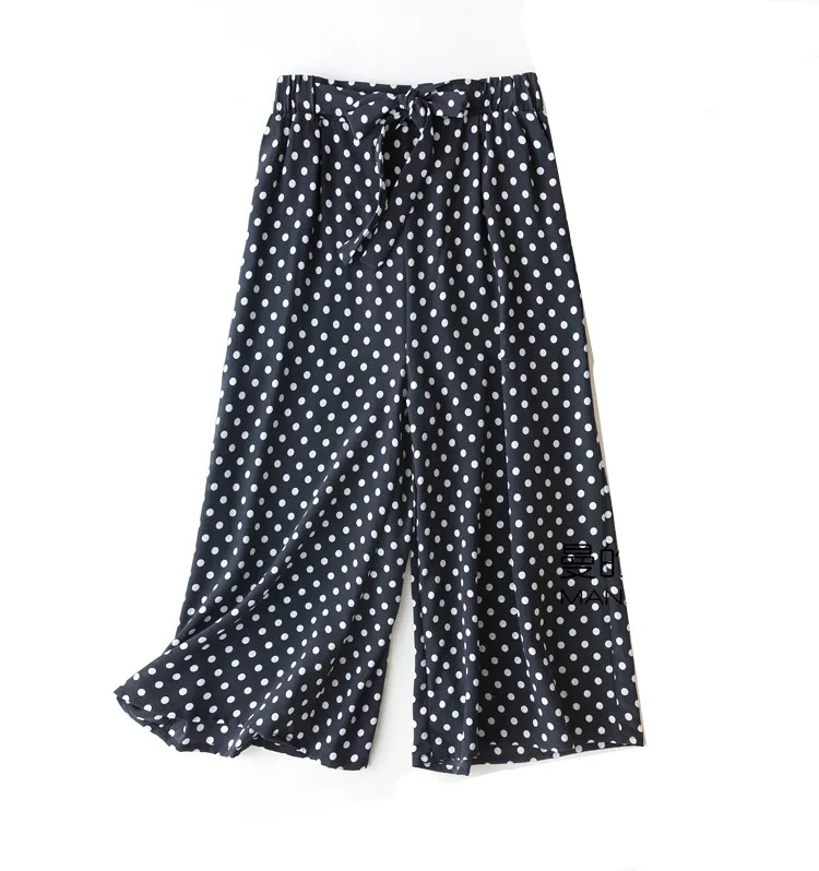 

Vintage Women Summer Spring Natural Silk Pants Silk Loose Style Trousers Work Wear Fashion Holiday wide leg Dots print Pants