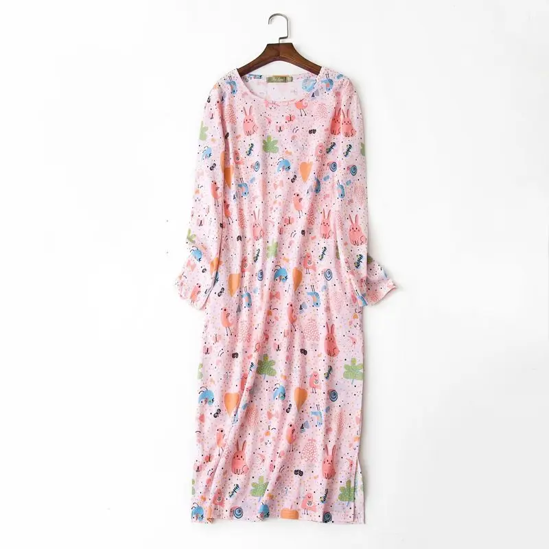 

2019 Autumn Female Casual Cartoon nighty dress Ladies 100% Cotton Nightgown Women Round collar Long sleepshirt Plus size dresses