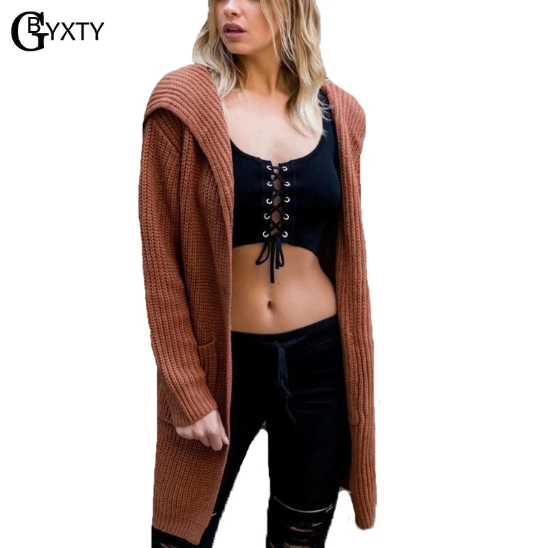 Goedkoop GBYXTY pull lange femme 2018 invierno Herfst Winter Vrouwen Lange Vest Casual Lace Up Bandage Hooded Gebreide Trui Jas ZA709