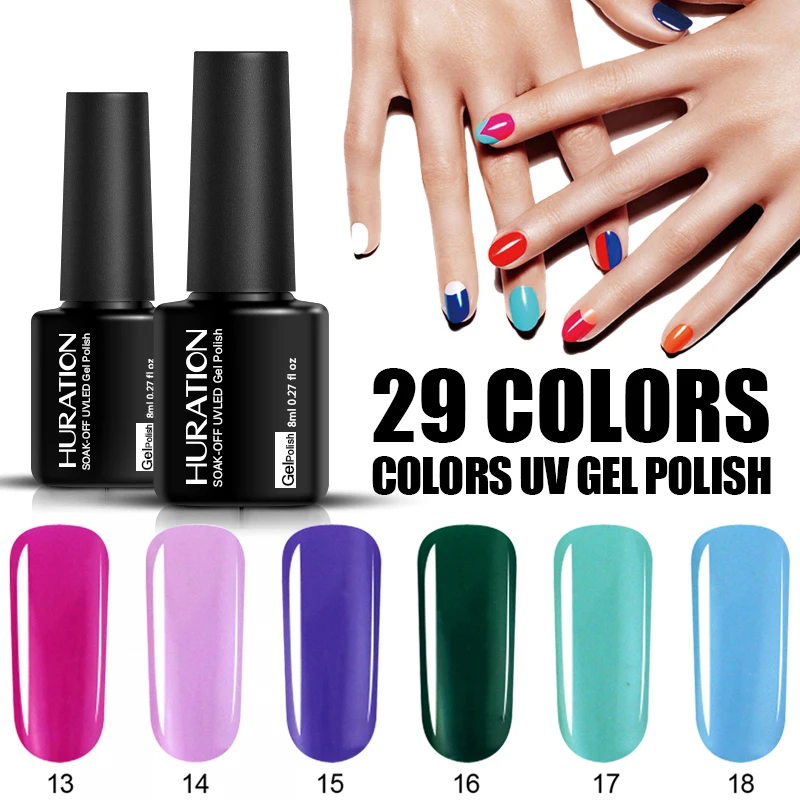 Huration Good Quality Gel Varnish 29 Colors Nail Polish 8ml Soak Off Need UV LED Lamp