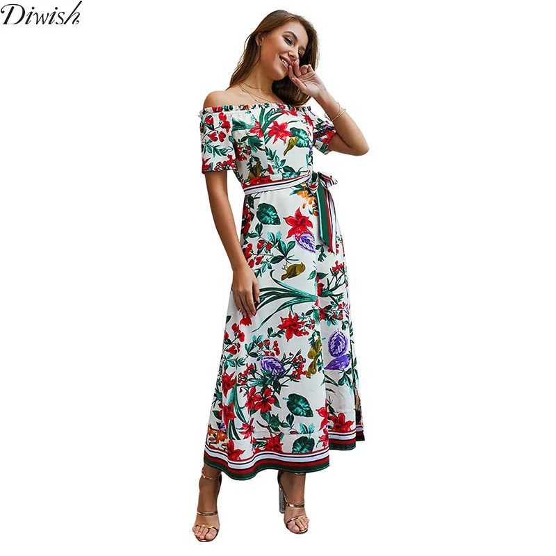 

Diwish Boho Long Summer Beach Dress Sexy High Slit Bohemian Floral Print Off Shoulder Sash Elegant Holiday Beach Long Dress