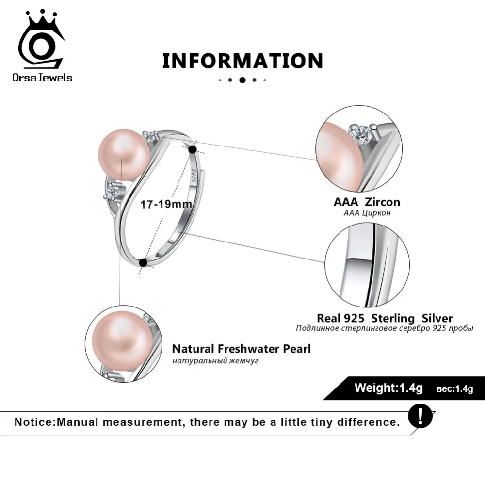 ORSA JEWELS 100% Real 925 Sterling Silver Women Rings Genuine Freshwater Pear Adjustable Ring For Wedding Party Gift SR76-P