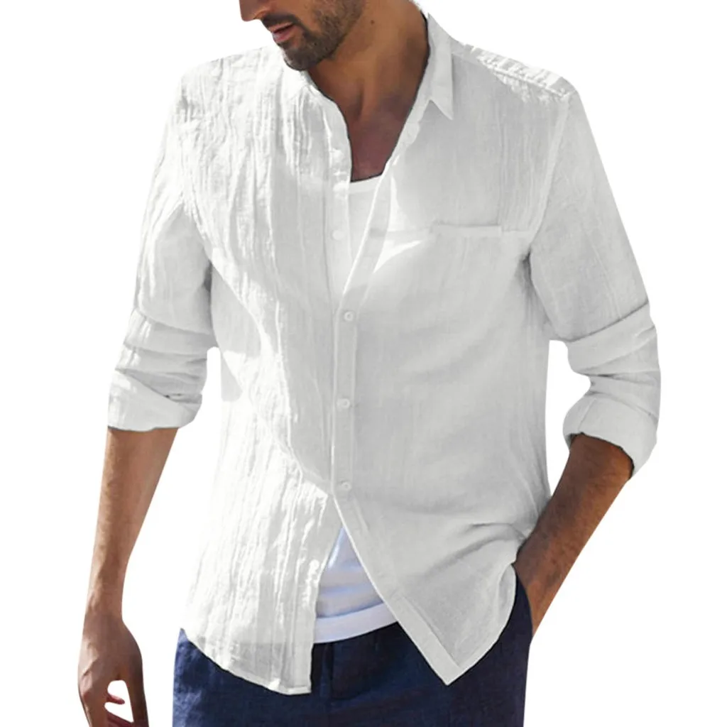 

JAYCOSIN 2019 New Atumn Men Shirts Fashion Baggy Cotton Linen Solid Long Sleeve Button Retro Tops Blouse streetwear 9712