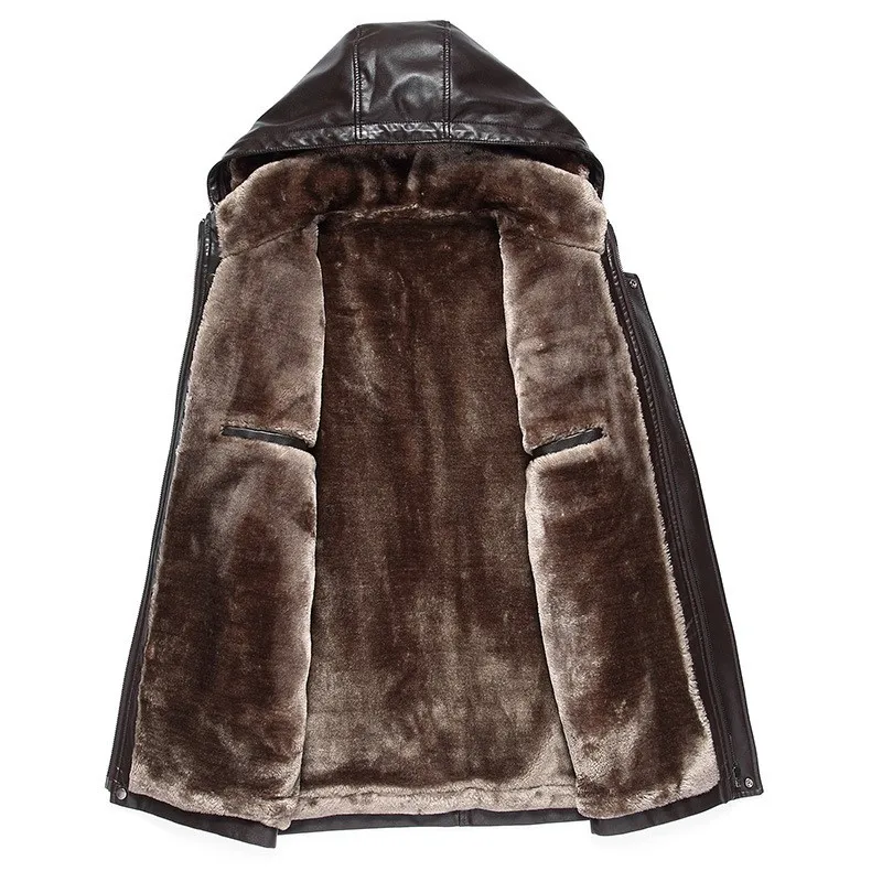 Mens Winter Fur Lining Pu Leather Jacket Business Slim Fit Hoody Coat Male High Quality Leather Motor Biker Windproof Jackets