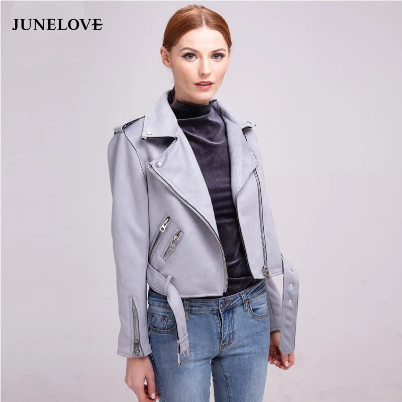 JuneLove 2018 autumn winter coat jacket women zipper turn-down collar faux leather suede jacket coat sashes outwears