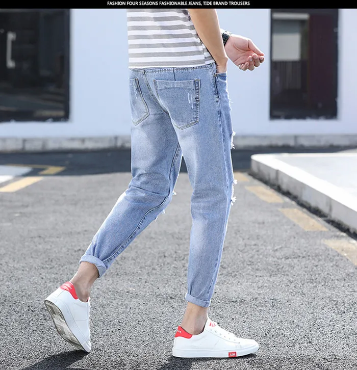2019 горячая распродажа новые джинсы мужские весенние по щиколотку узкие брюки классические модные дырки стиль джинсовые узкие джинсы