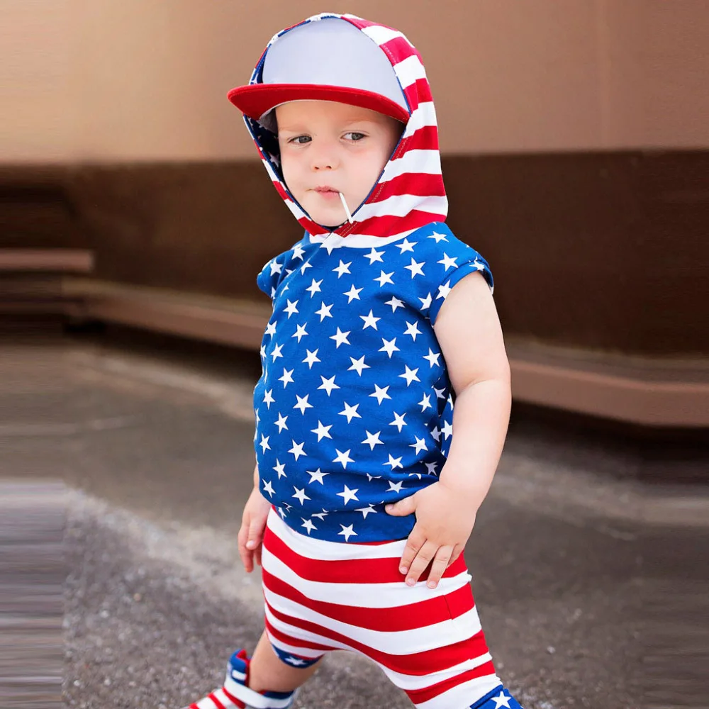 

Baby Boy Summer Clothes Toddler Baby 4th of July Stars and Striped Patriotic Hooded Tops+Shorts Outfits Vetement Enfant Garcon
