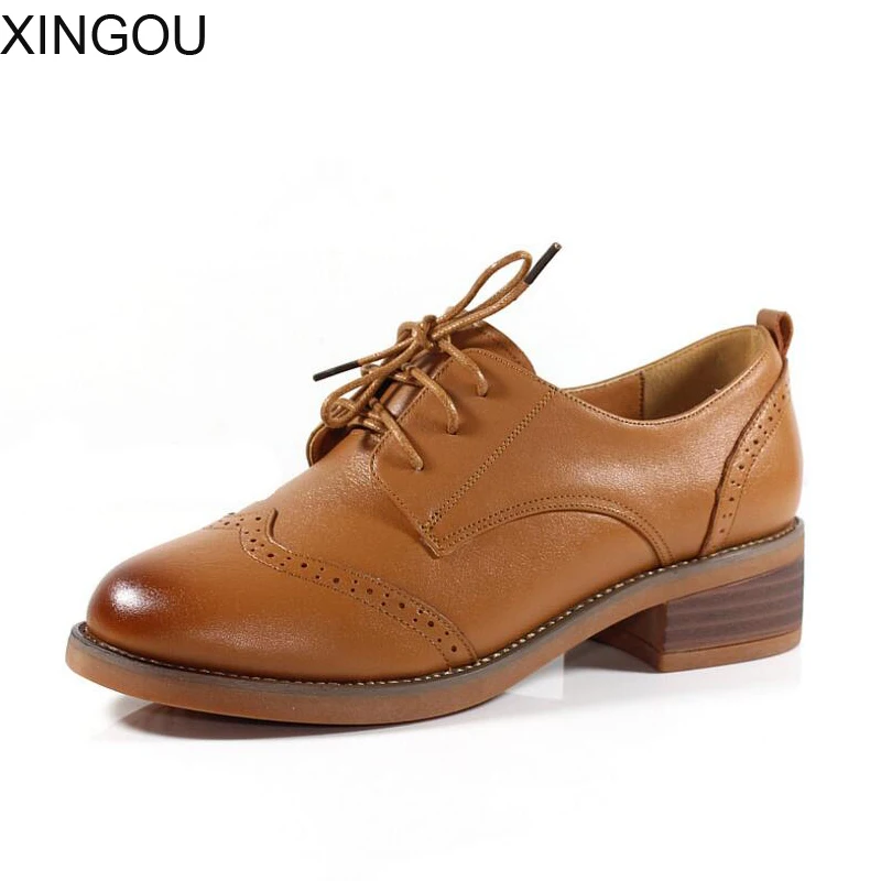 

Women pumps shoe retro fashion 2018 new leather female shoe lace-up casual round toe women's bullock shoe square heel