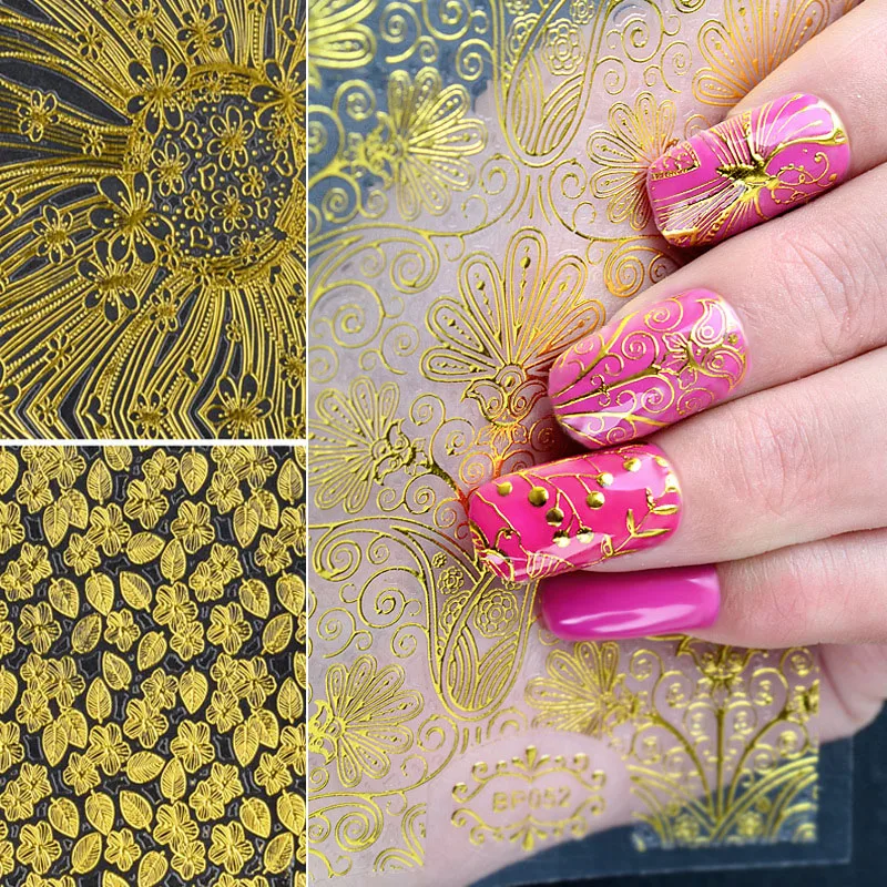 

1pc Embossed 3D Gold Metallic Nail Stickers Blooming Flower Design Self-adhesive Nail Art Stickers Decals 8 Options