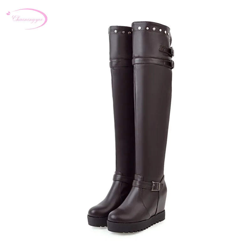 

Chainingyee street style round toe over knee high boots rivet belt buckle platform high heels increasing women's riding boots