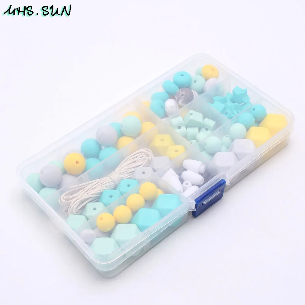 KT007 (4),$22.9.Kids Baby Heart Teething Silicone Beads Set Hexagon Chewable Teether Kits Accessories DIY Make Necklace Pacifier Clips JPG