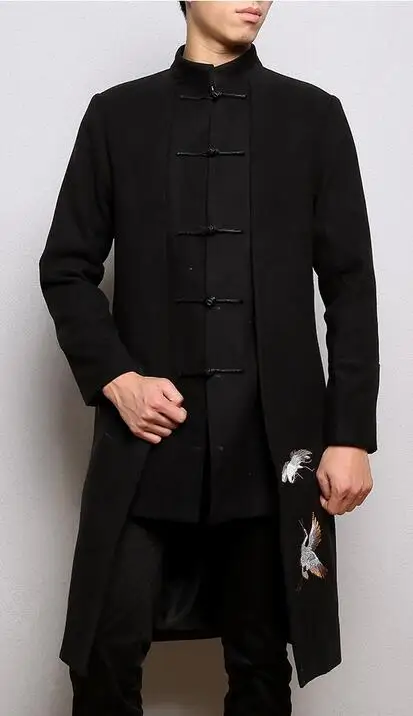 Китайский стиль династии Тан мужская длинная куртка однобортный хлопок и лен куртка и пальто белый кран вышивка черные куртки - Цвет: Черный