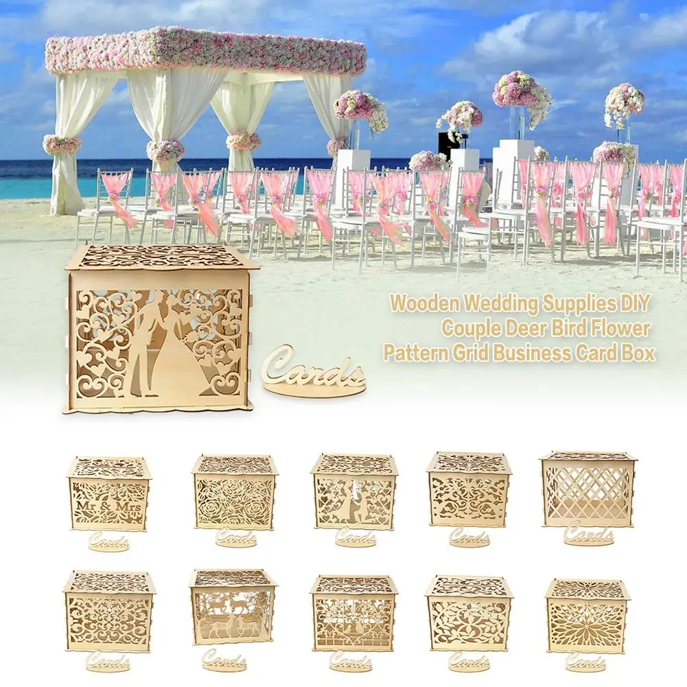 

Wooden Wedding Supplies DIY Couple Deer Bird Flower Pattern Grid Business Card Box For Party