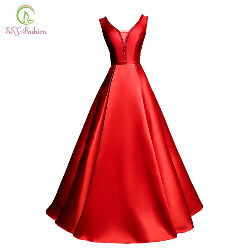 

SSYFashion New Simple Red Satin Evening Dress Floor-length V-neck Sleeveless Beading Party Gown Formal Dresses Robe De Soiree