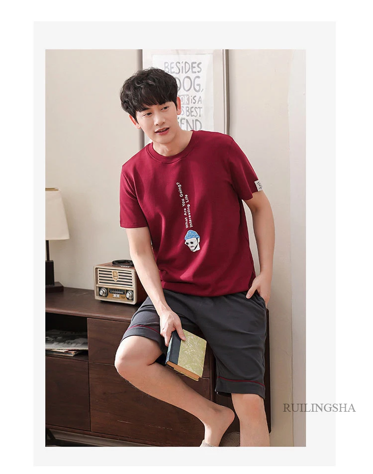 Мужская Новая корейская хлопковая летняя Пижама свежие удобные с короткими рукавами шорты Тонкая Повседневная мужская пижама пижамный