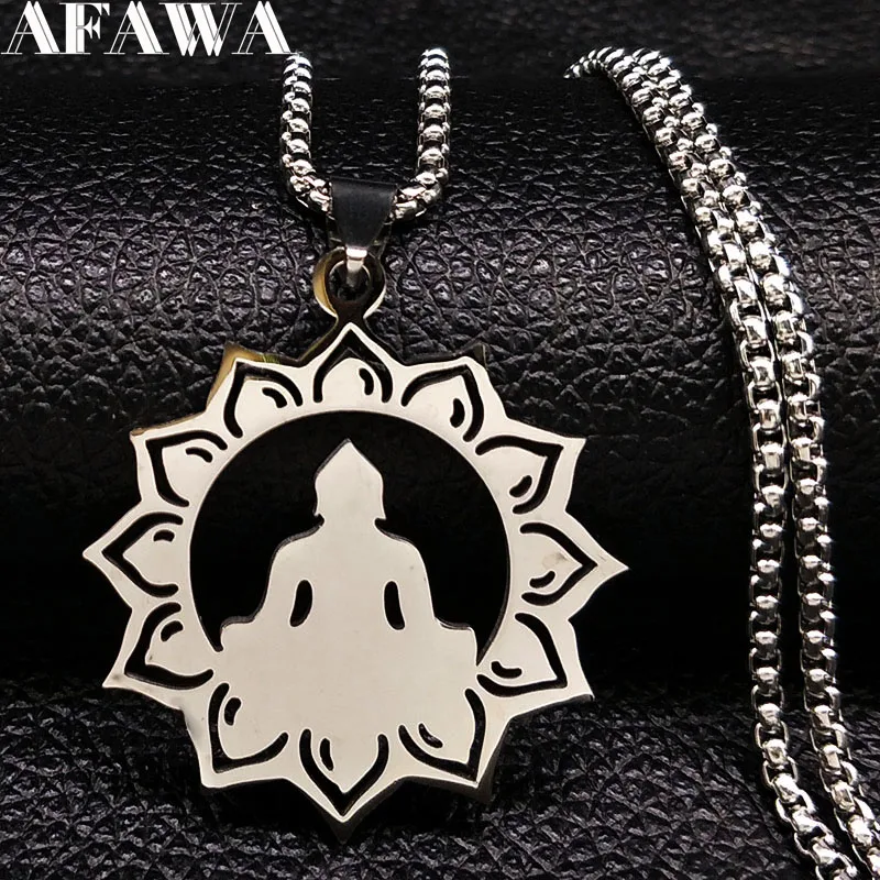 

2019 Lotus Buddha Stainless Steel Necklace Women Silver Color Necklaces Pendants Jewelry acero inoxidable joyeria mujer N18512