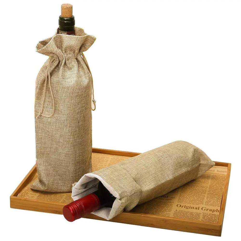 Pack of 10 Linen Wine Bottle Covers with Drawstring 13.8 inch x 5.9 inch jute wine bag Holder Carrier for gifting and decorating