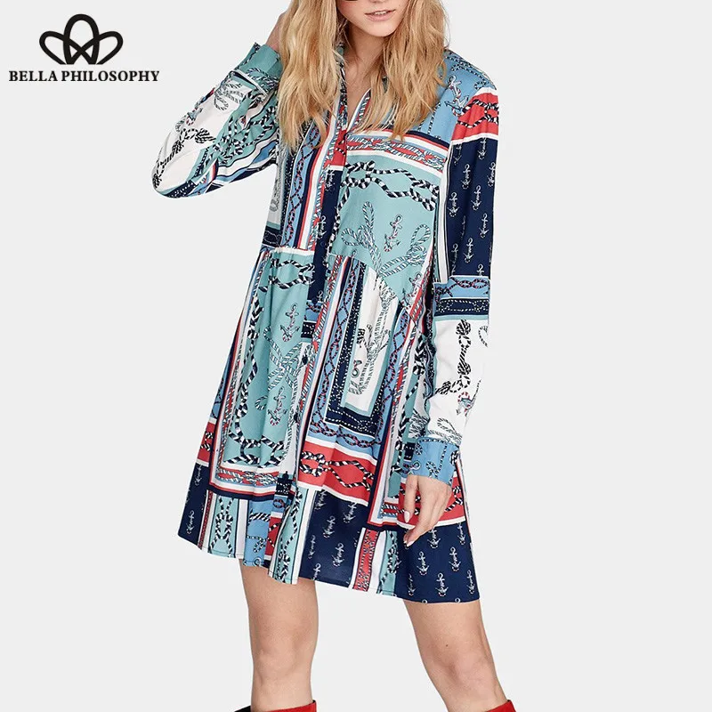 Wonder Spring Long Sleeve Shirts Dress Vintage Chain Print Female Mini Dress Casual Street Wear Loose Lady A-Line Dress